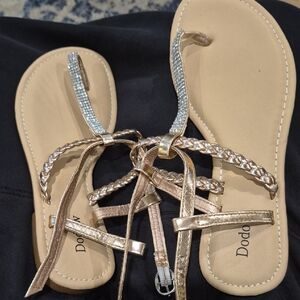 Gold Braided T-Strap Sandals